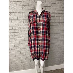 Indigo Thread Co. Women Red Plaid Button Down Long Shirt  Tunic Size M
